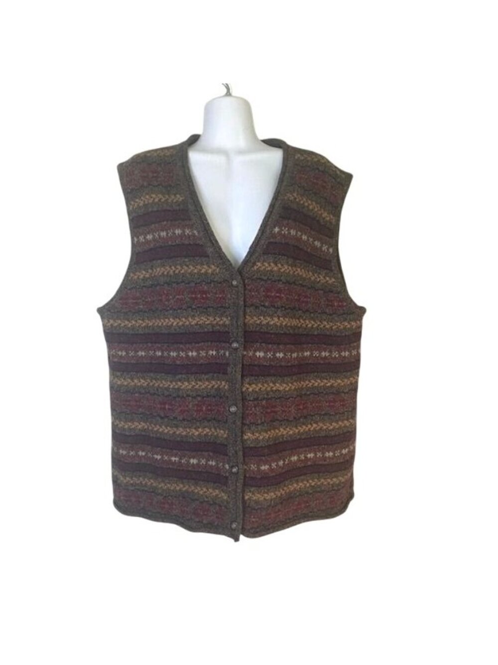 Wool Vest Fair Isle Eddie Bauer V Neck Button Front Brown Green XL 80s 90s Vtg